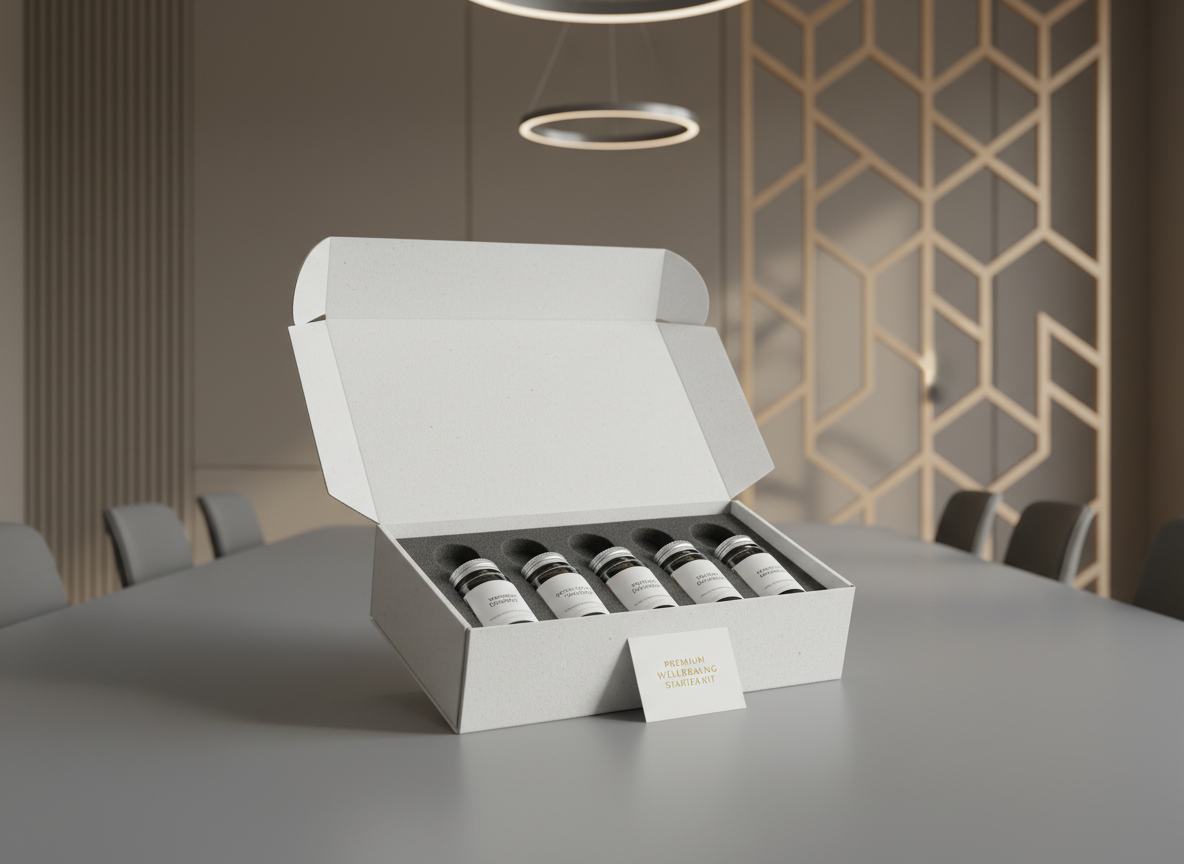 An open white box featuring a curated supplement starter kit: sleek glass jars inside custom foam cutouts, each labeled for Alzheimer's care. The package rests on a smooth slate-grey boardroom table with a subtle matte finish. In the background, muted taupe walls and a geometrically patterned divider introduce understated depth, while the scene is bathed in soft, diffuse overhead pendant lighting. The overall mood is one of careful preparation and premium quality. Captured at a 45-degree angle for maximum depth, the image achieves corporate elegance through its structured composition and photographic minimalism, reinforcing the company’s dedication to specialized well-being.