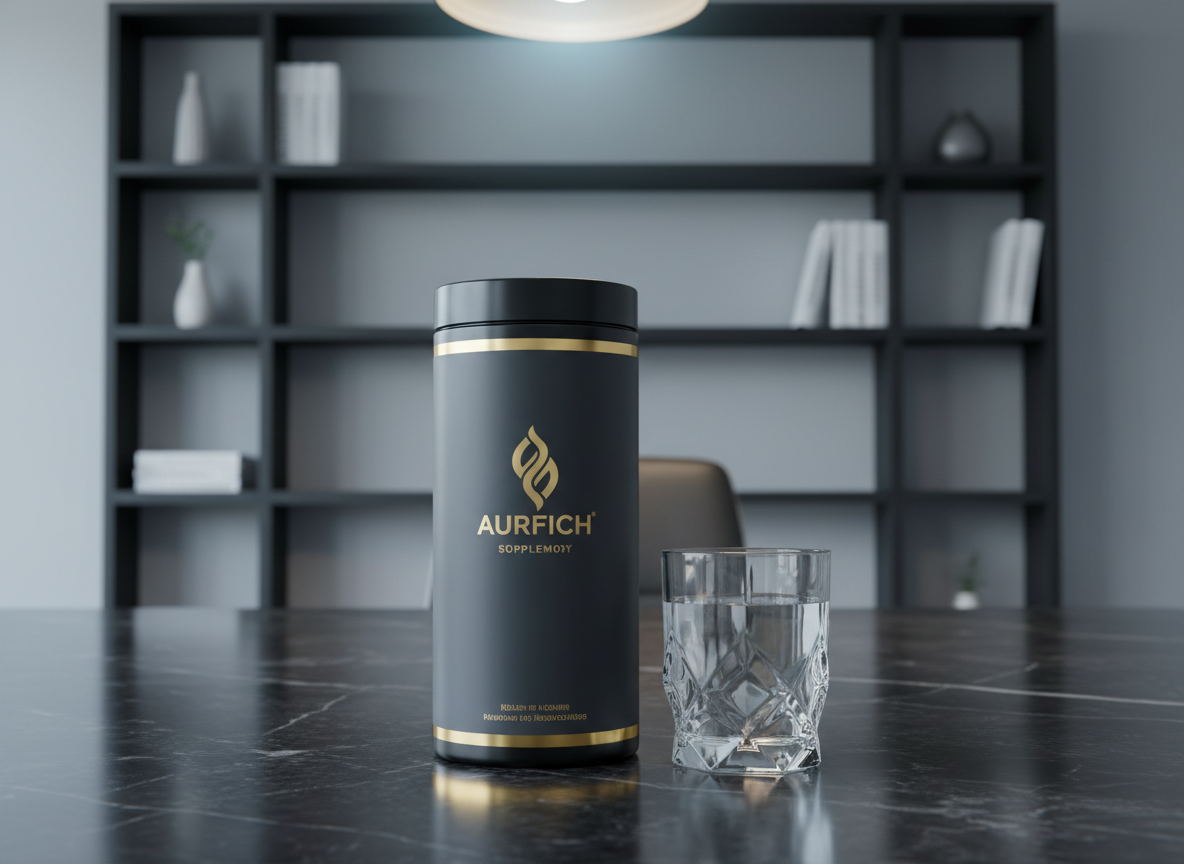 A sophisticated product arrangement featuring a single, tall supplement container with premium gold foil accents beside a mirrored glass of filtered water. The setting is a modern, uncluttered office space with soft grey walls and matte black shelving, creating a sense of space and focus. Cool, soft artificial light from an overhead lamp adds delicate highlights and gentle reflections, imbuing the scene with serenity and dignity. Shot at a low, front-facing angle to magnify the product’s stature, the composition is symmetrical and precise, supporting a clean, corporate, photographic style that underscores quality and intention for wellness support.