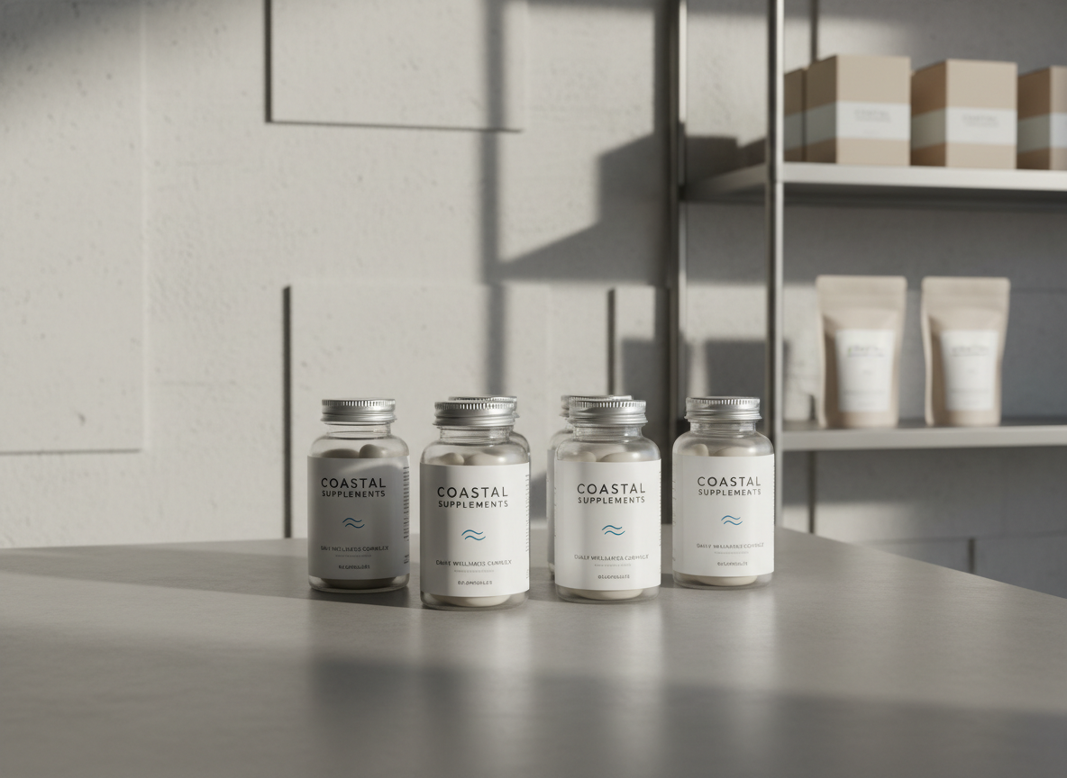 An organized array of premium supplement bottles lined up on a sleek, matte-grey counter. Each bottle is crafted from translucent frosted glass with minimalist silver lids and clear, professional labels featuring subtle branding for "Costal Supplements." Behind them, a pale concrete wall with clean architectural lines adds structure, while brushed steel shelving holds neutral-toned packaging in the background. Soft, diffused natural daylight bathes the scene from one side, creating gentle highlights and crisp, defined shadows. Captured from a slightly elevated, eye-level angle with sharp focus throughout, the composition is balanced and uncluttered, exuding a sense of trust and professionalism. The photographic realism and corporate aesthetic align with the business’s focus on quality and well-being.