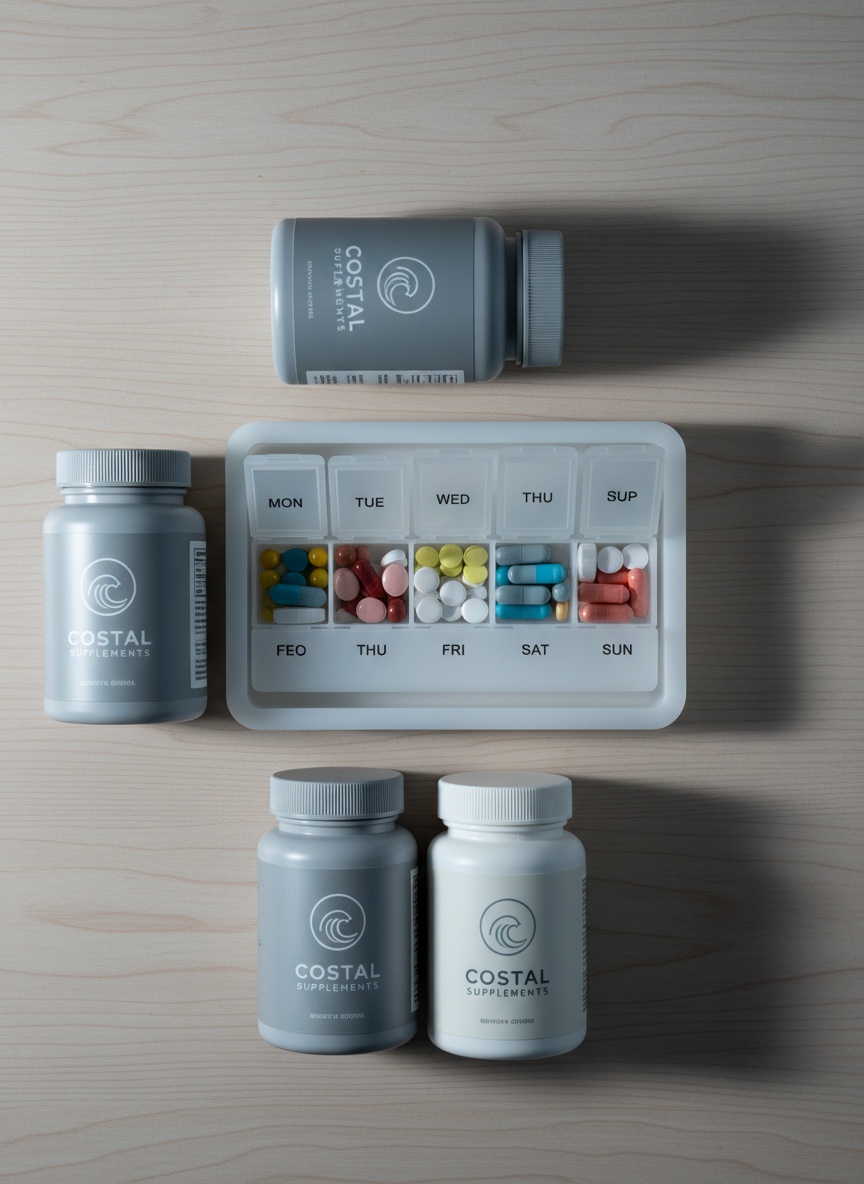 A close-up of a meticulously arranged daily supplement pill organizer, crafted from frosted white acrylic with laser-etched day labels, placed atop a light ash wood desk. Around it, several neatly stacked supplement bottles in soft grey and off-white tones reinforce the brand’s dedication to quality. Ambient, cool-office lighting softly illuminates the organized scene, casting subtle elongated shadows and emphasizing the clean lines of the layout. The photograph is tightly framed from a top-down, bird’s eye perspective, highlighting structure and order. The composition conveys clarity and reassurance, enhancing the professional, corporate personality of Costal Supplements.